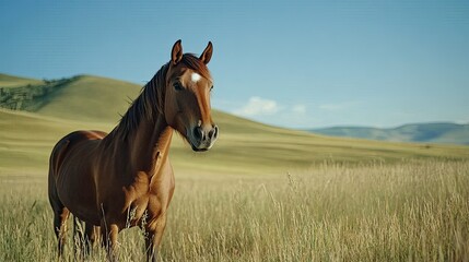 Fototapeta premium Chestnut Horse in Summer Field.
