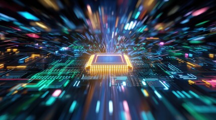 A computer chip is shown in a colorful, futuristic setting