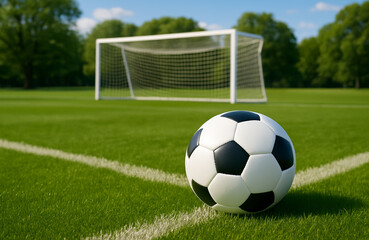 Black and White Soccer Ball on a Green Grass Field Near the Goalpost Under a Sunny Sky in an Outdoor Football Stadium