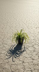 Potted plant with long leaves casting shadows on dry cracked ground  