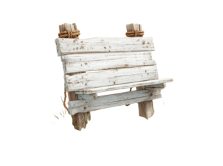 Rustic whitewashed wooden bench with rope details, Isolated On Transparent Background