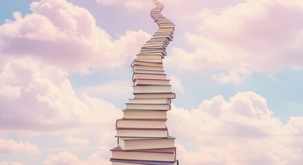 Stack of books forming a pathway in the clouds against a pastel sky  