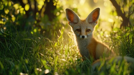 Fototapeta premium Fennec Fox Sunset Grassland Portrait.