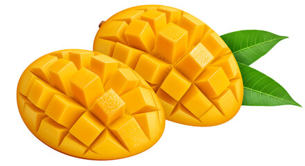 Two halves of a ripe mango cut into cubes isolated on white background
