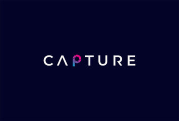 Capture Logo, Letter P with lens combination in text Capture typography logo, vector illustration