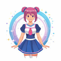 Fototapeta premium Anime-style magical girl transformation pose, sparkles and energy effects, vector flat colors, dynamic composition for t-shirt print