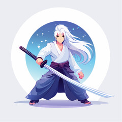 Samurai anime character with long hair and glowing katana, stylized vector art, minimal background, perfect for bold t-shirt design