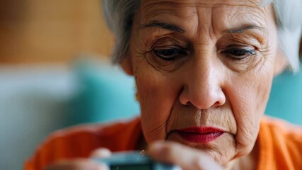 Elderly Woman Checking Blood Glucose Level with Glucometer at Home
