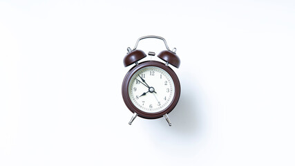 Horizontal Wide photo of a brown alarm clock with a white face showing the time of 08.00 isolated white background