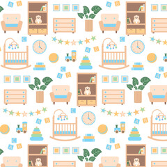 Seamless Kids Pattern with Toys, clock, plant, cot, shelf,  Books. Cute Baby Pattern with Train, Rainbow, Blocks, Ball. Whimsical Nursery Pattern. Vector Flat Illustrations