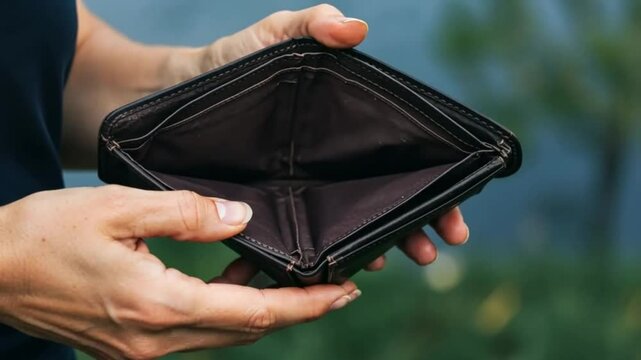  A person holds a black wallet with both hands, presenting it to the camera against a blurred green background.