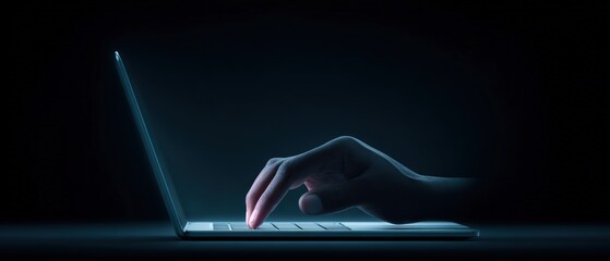 Typing action on laptop keyboard digital workspace technology concept dark environment close-up view cyber interaction