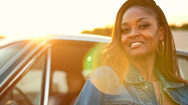 Young woman enjoying sunny day leaning on vintage car
