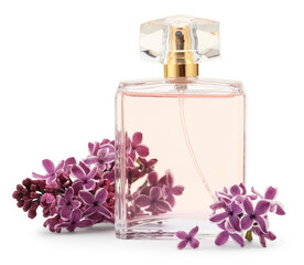 Bottle of luxury perfume and lilac flowers isolated on white