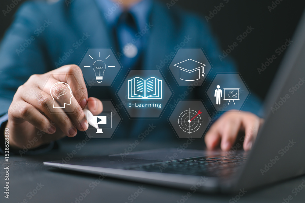 Poster e-learning concept, man using laptop with virtual e-book icons for online knowledge base, digital li