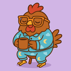A sleepy cartoon chicken wearing square orange glasses and a blue pajama set with tiny moon and cloud prints, holding a mug, on a plain lavender background.