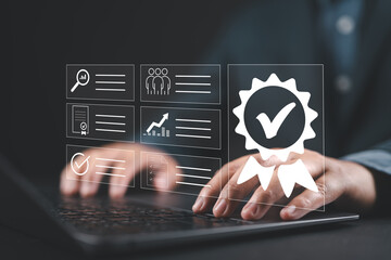 ISO certification and quality assurance, Businessman working with laptop, symbolizing compliance,...