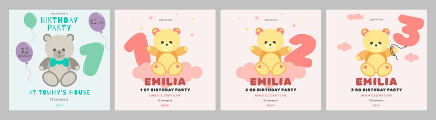 Invitation childrens birthday party cute bear and number set. Celebration First birthday. Greeting card template for children. Vector illustration.