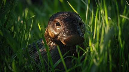 Fototapeta premium Platypus hiding in grass.