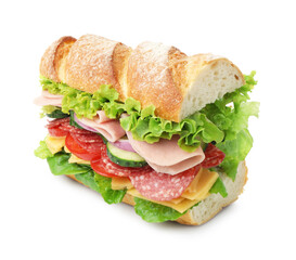 Tasty baguette sandwich with ham and vegetables isolated on white