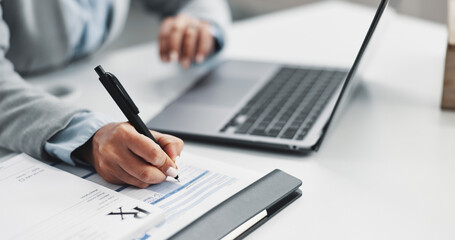 Laptop, writing and hands of doctor in office for prescription, healthcare scrip or documents. Paperwork, medical and life insurance with person and clipboard in clinic for patient history and report