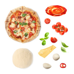 Delicious Margherita pizza and raw ingredients isolated on white, collage