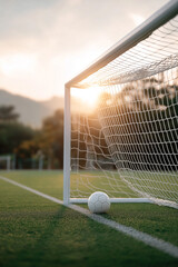 Soccer goal at sunset with ball resting on the field