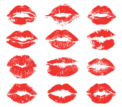 Naklejki Collection of red lipstick kiss isolated on a white background. Set of lipstick kiss prints isolated on a white background.