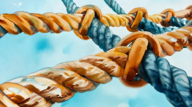 Intertwined Ropes Creating Dynamic Patterns Against Blue Background
