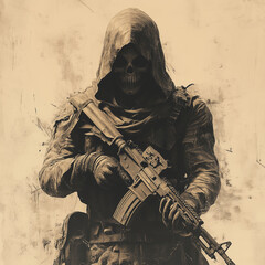 A shadowy grim reaper in a dark hooded cloak, holding an assault rifle, with an Ace of Spades patch, against a grunge background.
