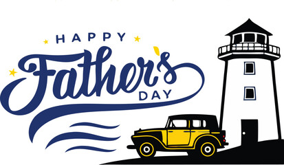 Naklejka premium Happy Father's Day Typography with Vintage Car and Lighthouse | Retro Greeting Card Design