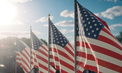 Waving american flags under sunny sky patriotism symbol