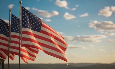 Waving flags patriotic symbol national colors bright sky background