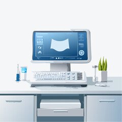 A portable ultrasound scanner arranged neatly on a table in bright, clean lighting.