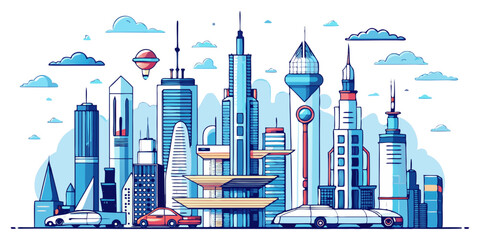 Fototapeta premium A detailed illustration of a futuristic cityscape, featuring a variety of tall, modern buildings, advanced vehicles, and flying contraptions against a clear sky.