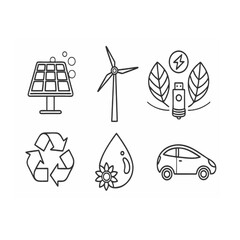 Fototapeta premium Green Energy and Eco-Friendly Line Icons Set - Solar Panel, Wind Turbine, Sustainable Power, Recycle, Water Drop, Electric Car