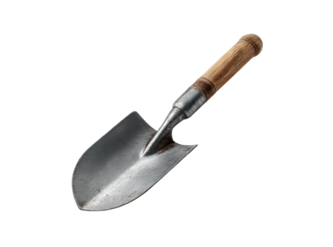 Vintage garden trowel with wooden handle isolated on black background, Isolated On Transparent Background