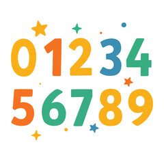 Colorful numbers from 0 to 9 with decorative stars and dots. Flat cartoon vector style on white background. Educational material and counting concept for kindergarten and preschool learning