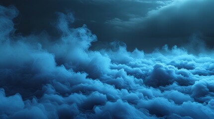 Surreal abstract ocean of blue fog and mist under night sky. Dreamlike fantasy landscape with ethereal clouds. Atmospheric depth and mysterious moody lighting.