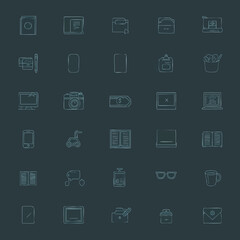 Grid of outlined icons including books technology and office supplies