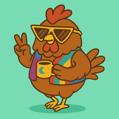 A funky cartoon chicken making a peace sign with its wing, wearing triangle-shaped sunglasses and a bright rainbow vest, set against a solid mint green background.