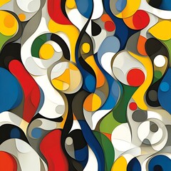 Vibrant abstract artwork with layered, flowing shapes and bold color palette