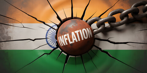 Wrecking ball with "INFLATION" text slamming India flag in financial distress concept

