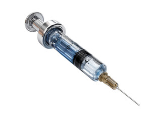 Medical syringe filled with clear liquid isolated on black background, Isolated On Transparent Background