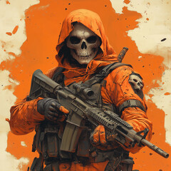 A grim reaper in an orange tactical hooded cloak, holding an assault rifle, with an Ace of Spades card, on an orange background.
