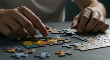 Hands assembling jigsaw puzzle pieces