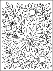 Fototapeta premium Butterfly and Flower Coloring Page – Printable Black and White Floral Line Art for Kids and Adults to Relax and Enjoy Coloring Fun