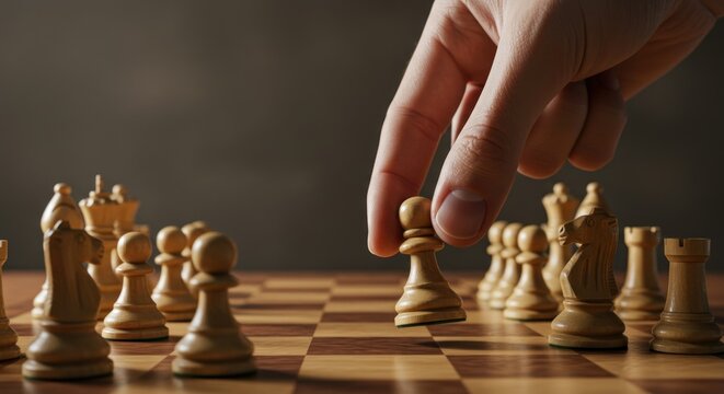 Hand moving chess piece on wooden board