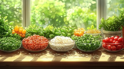 Sunlit windowsill with bowls of fresh ingredients