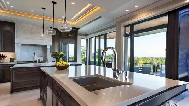 A modern kitchen with a large island and granite countertop created with generative ai
